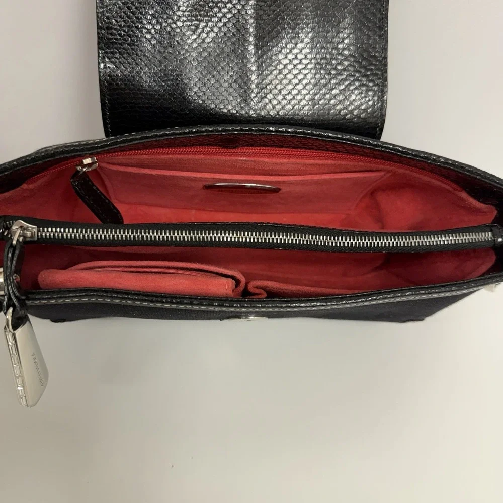Judith Leiber Snakeskin and Fabric Purse Black Crystals Trim Mirror Change Pouch
